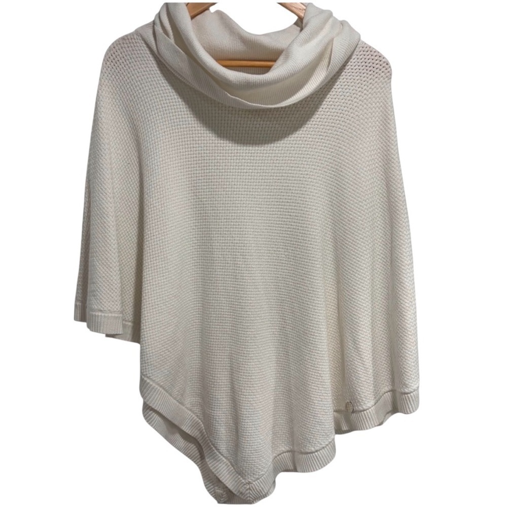 Renaur White Women's Sweater Poncho Knit Cowl Neck Button Decor